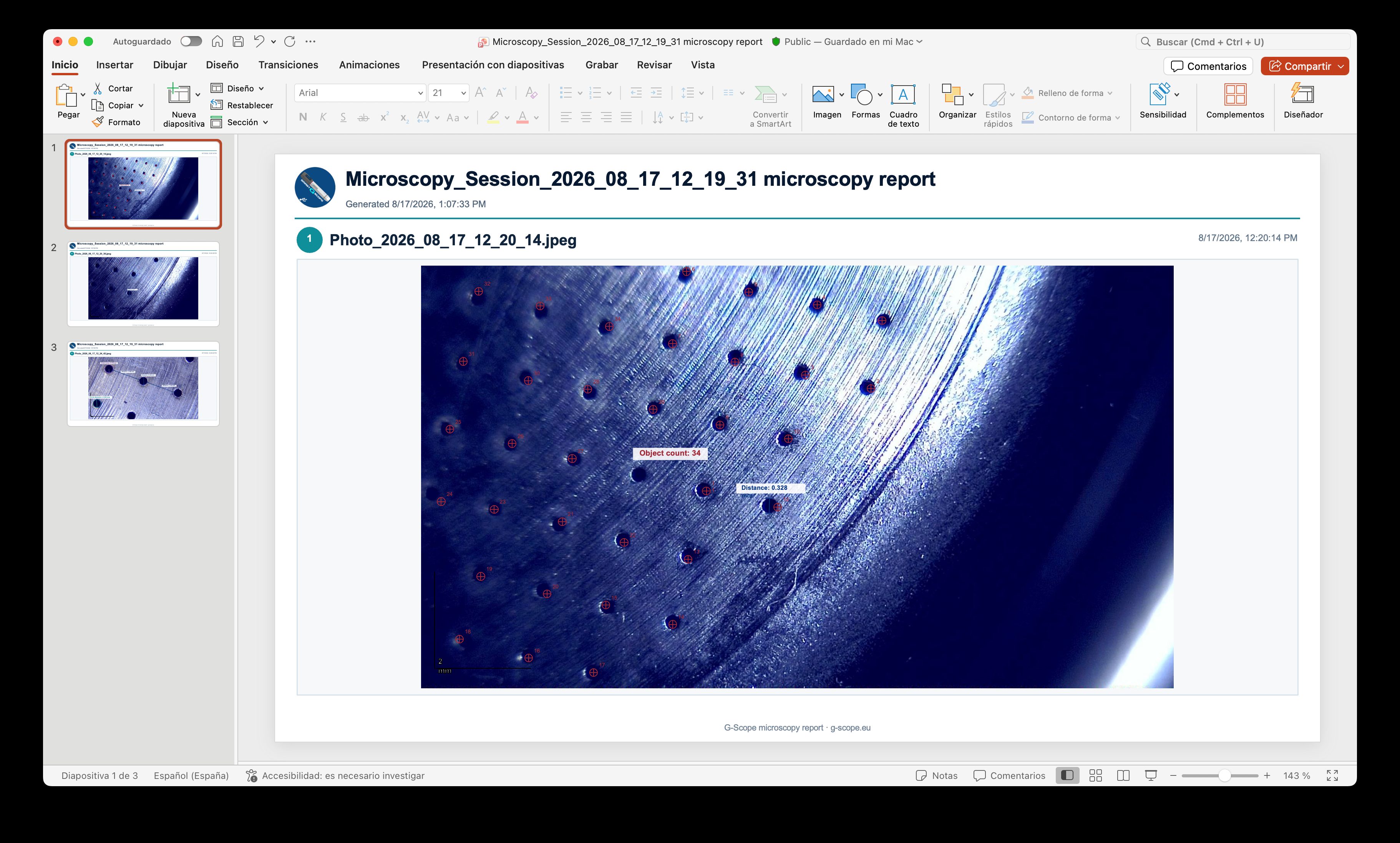 PowerPoint report slide with editable measurement shapes